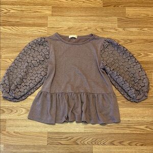 Altar’d State Striped Puff Crochet Lace Sleeve Peplum Top Muted Plum Women’s S